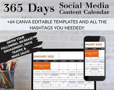 a computer, tablet and phone sitting next to each other with the text 365 days social media content calendar