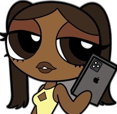 a cartoon girl holding a cell phone in her right hand and looking at the camera