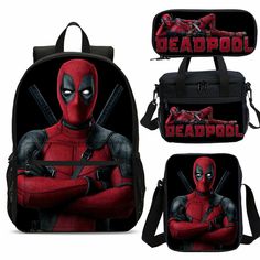 Backpack   Size: 30*14*45 CM /11.81*5.51*17.72 IN     weigt: 0.46 kg / 1.01lb 1.Material: 100% polyester 2.Front zip pouch for quick access. 3.Suitable for school students. 4.The large capacity of daily necessities   The ergonomically designed s-type shoulder strap and u-shaped back mesh pad completely abstract the heat from the back, giving you more relaxation and a comfortable wearing experience. Insulated Lunch Bag    Size: 23.5*14*19 CM /9.25*5.51*7.48 IN   weigt: 0.2kg / 0.44 lb 1.Two handl Deadpool Backpack, Superhero School, Teen's Backpack, Message Bag, Kids School Backpack, Kids Lunch Bags, Pen Bag, Girl Backpacks School, Cooler Lunch Bag