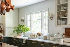 a kitchen filled with lots of counter top space next to a large potted plant