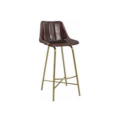 a brown leather bar stool with gold metal legs and backrests on an isolated white background