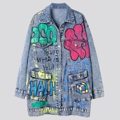 Make a bold statement with our Painted Graffiti Print Denim Jacket from the 2023 Autumn-Winter Collection! This Y2K-inspired piece is designed to be lengthy and oversized. with a unique graffiti print and buttoned closure. making it the perfect addition to any wardrobe.Distinctive Features: Y2K Style: This jacket is designed with a Y2K-inspired style. featuring an oversized fit and a unique graffiti print. Painted Graffiti Print: The jacket features a one-of-a-kind painted graffiti print. a mode Spring Denim Jacket With Graphic Print And Relaxed Fit, Grunge Denim Jacket For Spring Streetwear, Graphic Print Denim Jacket For Fall, Oversized Trendy Outerwear With Graphic Print, Trendy Denim Jacket With Graphic Print For Fall, Multicolor Graphic Print Denim Jacket For Fall, Grunge Graffiti Print Outerwear For Fall, Blue Letter Print Outerwear For Spring, Urban Letter Print Outerwear For Spring