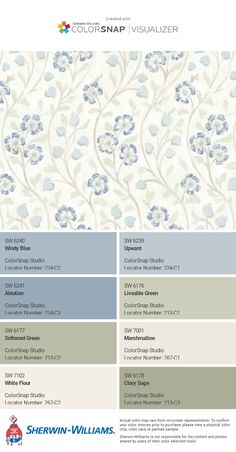 the color scheme for sherylin williams's wallpapers, including blue and white flowers