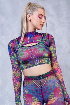 $44 Fitted Long Sleeve Rave Top, Fitted Long Sleeve Mesh Top For Festival, Stretch Multicolor Top For Yoga, Multicolor Stretch Top For Yoga, Multicolor Stretch Long Sleeve Crop Top, Multicolor Long Sleeve Stretch Crop Top, Stretch Multicolor Yoga Top, Stretch Rave Tops For Spring, Stretch Top For Spring Rave