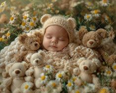 a baby is sleeping in a blanket with teddy bears around it and daisies on the ground