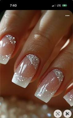 Nails For A Wedding Bride, Natural Nail With Glitter, I Do Wedding Nails, Gold Design On Nails, Banquet Nails Ideas, Wedding Guest Nail Ideas, Nails With Light Blue Dress, Nail Designs For Formal, White With Silver Glitter Nails