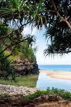 the beach is surrounded by trees and rocks