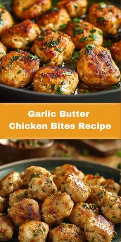 garlic butter chicken bites recipe in a skillet