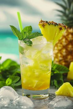 a pineapple and mint cocktail with ice