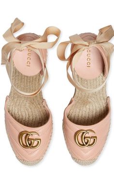 The Gucci collection is the pinnacle of Italian craftsmanship and attention to detail as seen in these dusty pink Leather platform espadrilles. Featuring an almond toe, a branded insole, a high wedge heel, a grosgrain lace-up closure and a gold-tone double G logo on the front.Round toeBraided raffia wedge heelTie-fastening ankle strapSignature interlocking GG logo Quilted finishComposition: Leather 100%, Raffia 100%Lining: Leather 100%Sole: Rubber 100%Made in Italy Chic High Heel Platform Espadrilles, Chic Pink Sandals With Leather Sole, Luxury Spring Platform Espadrilles, Gucci Espadrilles With Branded Insole, Pink Platform Espadrilles With Wedge Heel, Chic Round Toe Espadrilles, Pink Platform Wedge Heel Espadrilles, Pink Open Toe Platform Espadrilles, Pink Closed Toe Platform Espadrilles