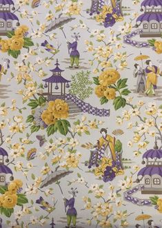 the fabric has yellow flowers on it and purple umbrellas in front of white buildings