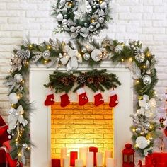 a fireplace decorated with christmas decorations and stockings