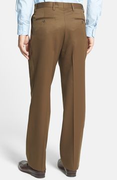 A classic pleated cut styles sharp cuffed trousers fashioned from finely textured super 100s wool gabardine. 20" leg opening; 14" front rise; 19" back rise (size 40x30). Zip fly with hook-and-bar closure. Front slant pockets; back button-closure welt pockets. 100% wool. Dry clean. By Berle; imported. Gabardine Dress, Cuffed Trousers, Pants Style, Trouser Style, Cut And Style, Dress Pants, Khaki Pants, Perfect Fit, Nordstrom