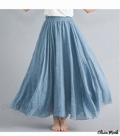 Olivia Mark - Forest Art Linen Cotton Half-Skirt with Elastic Waist, A-Line Long Solid Color Swing Skirt Formal Wrap Dress, Sheer Maxi Dress, Wrap Around Dress, Pleated Maxi Skirt, Half Skirt, Elegant Skirt, Flowy Skirt, Knee Length Skirt, Types Of Skirts