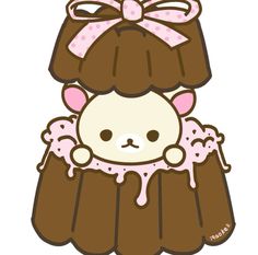 a brown bear sitting on top of a pile of chocolate covered donuts with a pink bow