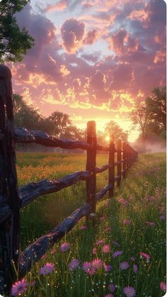 the sun is setting behind a fence in a field with wildflowers and daisies