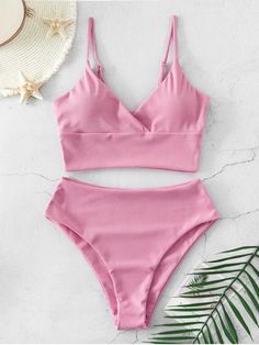 [35% OFF] 2020 ZAFUL Ribbed High Cut Surplice Tankini Swimsuit In FLAMINGO PINK Pool Wear, Beach Pink, Tankini Swimsuit, Swimsuit Design, Flamingo Pink, Cute Bathing Suits, High Waist Pants, Cute Swimsuits