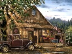 an old truck parked in front of a country store with flowers on the porch and trees