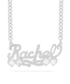 This Name Pendant with Diamond cut "Rachel" is available in either: Silver Plated Gold Plated Sterling Silver and 14K Gold over Sterling Silver. You can choose up to 10 characters (Letters only, NO numbers or special characters).Finished with diamond cuts on hearts. Customized Silver Necklace With Heart Pendant, Customized Silver Necklaces With Heart Pendant, Monogrammed Cuff, Monogrammed Cufflinks, Monogram Earrings, Character Letters, Monogram Bracelet, Name Pendant, Name Earrings