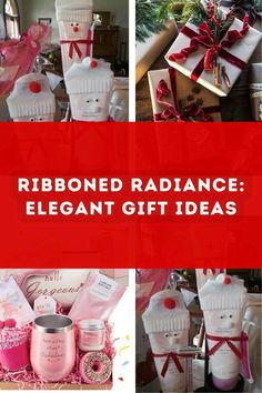 the words ribboned radiance elegant gift ideas are shown in red and white