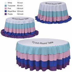 two round table covers with different colors and sizes on each one, the top has ruffled