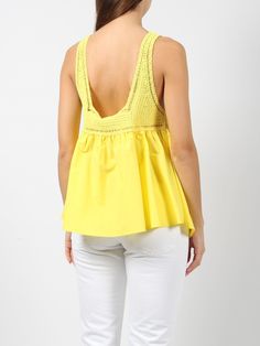 P. A. R. O. S. H cotton poplin and embroidered crochet top. - SS24 - Regular fit - V-neck - Sleeveless - Made in Italy - 100% Cotton Spring Cotton Lace Top With V-neck, Yellow Sleeveless Top With Lace Trim, Yellow Lace Trim Sleeveless Top, Cotton Crochet Top With Lace Trim And V-neck, Chic Cotton Embroidered V-neck Top, Chic V-neck Embroidered Cotton Top, Cotton Lace V-neck Top For Summer, Spring Cotton V-neck Lace Top, Cotton Lace V-neck Top For Spring