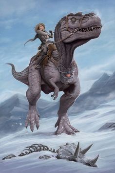 a woman riding on the back of a dinosaur next to other dinosaurs in a snowy field