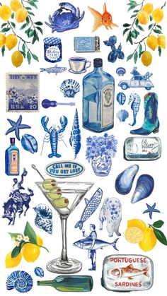 an illustration of various types of blue and white items