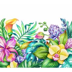 watercolor painting flowers and leaves on white background with place for your text or image