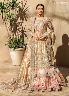 Buy Pakistani Bridal Dresses-Farshi Gharara for Walima with Long Shirt Online-Pakistani Bridal Wear With Dabka, Nagh, Zari, Embroidery, Patch Work In USA, UK, Canada, Australia Visit Now : www.NameerabyFarooq.com or Call / Whatsapp : +1 732-910-5427 Bridal Gharara, Gharara Designs, Walima Dress, Nikkah Dress, Bridal Dresses Pakistan, Bridal Dress Fashion, Pakistani Bridal Dresses, Pakistani Bridal Wear, Pakistani Wedding Dresses