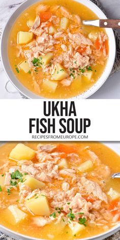 Want to make Ukha? This version of the classic Russian fish soup is made with salmon and delicious vegetables for a flavorful dish! Russian Fish Recipes, Frozen Fish Recipes, Greek Fish, Soup Store, Borscht Soup, Fish Dinner Recipes, Russian Food, Fish Soup, Fish Dinner