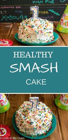 healthy smash cake with white frosting and sprinkles