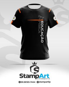 a black shirt with an orange stripe on the front and bottom, that says stamp art