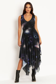 Space Portals V Neck Handkerchief Dress - LIMITED ($139AUD) by BlackMilk Clothing Blackmilk Clothing, Handkerchief Dress, Black Milk Clothing, Little Designs, Black Milk, Print Placement, Dresses Short, Printed Leggings, Clothes Online