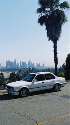 a white car parked in front of a palm tree with a city skyline behind it