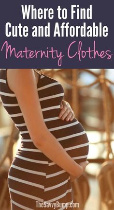 a pregnant woman in striped dress with text overlay where to find cute and comfortable clothes