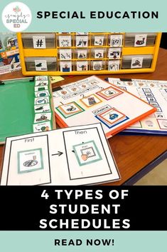 four types of student schedules on a desk with the words special education in front of them