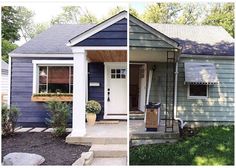 before and after photos of a blue house with white trim on the front door, side by side