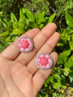 These might be mini but they sure set the stage! It's pink & light pink with a sliver rhinestone lining & pink backing. it's really vibrant, cute, and compliments guaranteed Size: about 2cm Support Indigenous Owned Brands Round Pink Earrings For Jewelry Making, Pink Round Earrings For Jewelry Making, Pink Round Beaded Earrings, Beaded Earrings Native Beadwork, Pink Native American Beaded Earrings, Pink Round Clip-on Earrings For Gift, Native Beaded Earrings, Native Earrings, Earrings Native American