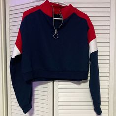 Navey Blue White And Red Cropped Long Sleeve Shirt. Never Worn Cropped Long Sleeve Shirt, Cropped Long Sleeve, Cropped Shirt, Red Top, Blue Long Sleeve, White And Red, Crop Shirt, Blue Shirt, Long Sleeve Shirt