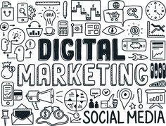 the word digital marketing surrounded by hand drawn doodles and social media related items illustration