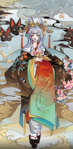 an anime character with white hair and blue eyes wearing a kimono, standing in front of flowers