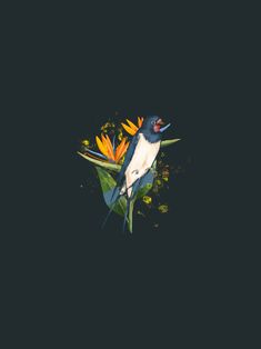 a bird with its mouth open sitting on top of some flowers in the night sky