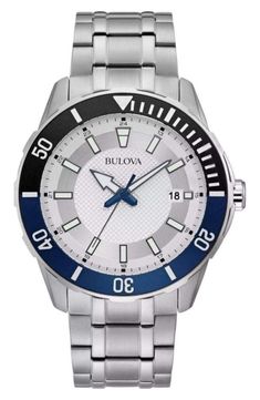 Luminous arms and hour markers increase visibility on this stylish and sporty bracelet watch. 44mm case Stainless steel Deployant clasp 3-hand quartz movement Water resistant: 100 meters Imported Rolex Watches, Quartz Movement, Chronograph, Rolex, Nordstrom Rack, Bracelet Watch, Markers, Water Resistant, Nordstrom