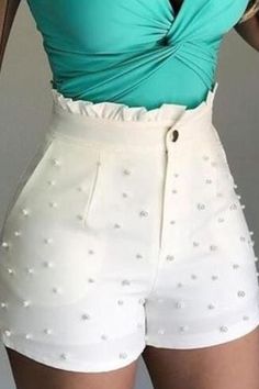 High Waist Studded Pearl Beading Shorts Como Fazer Short, Casual Pearls, Pearl Beading, Black High Waisted Shorts, Jeans Plus Size, Women Shorts, High Waist Shorts, High Waisted Jean Shorts, Shorts Summer