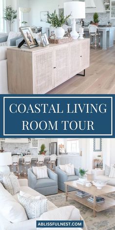 Get ready for a coastal living room tour that'll transport you to the beach! Step into this airy and bright space and feel the ocean breeze even if you're miles from the shore. This coastal-inspired living room showcases a harmonious blend of blues, whites, and natural textures, creating a serene and welcoming atmosphere. Get ready to be inspired to create your own coastal retreat! #coastalstyle #interiordesign #homedecor Cream Coastal Living Room, Brown Coastal Living Room, Bright Family Room Ideas, Transitional Living Room Blue Sofa, Coastal Living Rooms With Blue Sofas, Coastal Tv Console Beach Houses, Gray And Blue Coastal Living Room, Oatmeal Sofa Living Room Color Schemes, Coastal Living Room Wall Colors