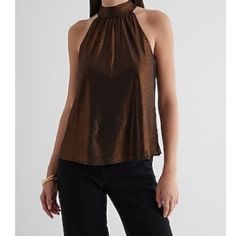 Express Bronze Metallic Tie Halter Neck Tank. Size Medium, Nwt. Chic Gold Stretch Top, Gold Sleeveless Top For Date Night, Chic Gold Tops For Date Night, Elegant Gold Tops For Date Night, White Dress Top, Spaghetti Strap Blouses, Burgundy Blouse, Sheer Floral Blouse, Blush Pink Dresses