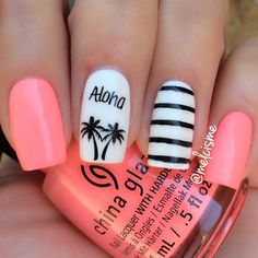 Palm Tree Nail Art, Tree Nail Art, Nail Art Designs Summer, Striped Nails, Pink Nail, Cute Nail Art