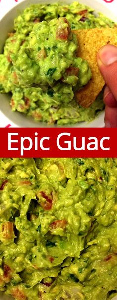 a white bowl filled with guacamole next to a red and white sign that says epic guacamole