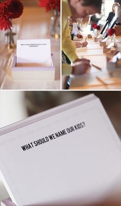 Something fun for guests to do at the table for a wedding! What should we name our kids? What is the most romantic place we should visit? What is the best marriage advice you have ever received? What is your favorite memory of us? Where do you see us in 25 years? When did you know we were meant for each other? Best Marriage Advice, When I Get Married, Advice Cards, Good Marriage, What Is Your Favorite, Wedding Games, At The Table, I Got Married, Wedding Wishes